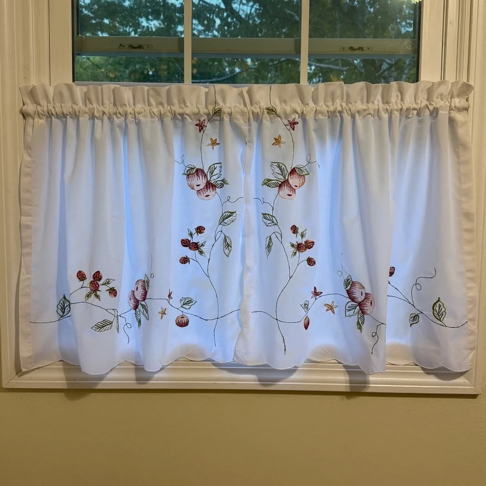 NEW ~ Embroidered Apples & Strawberries White Kitchen Curtain Tiers 60” x 24” - Picture 14 of 14
